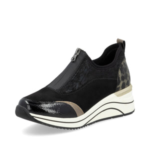 Remonte D0T08 - Ladies Low Wedge with front zip n Black Multi | Remonte Shoes | Wisemans | Bantry | Shoe Shop | Cork | Munster | Ireland