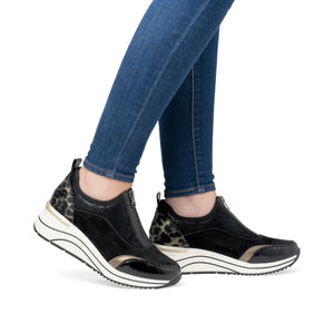 Remonte D0T08 - Ladies Low Wedge with front zip n Black Multi | Remonte Shoes | Wisemans | Bantry | Shoe Shop | Cork | Munster | Ireland