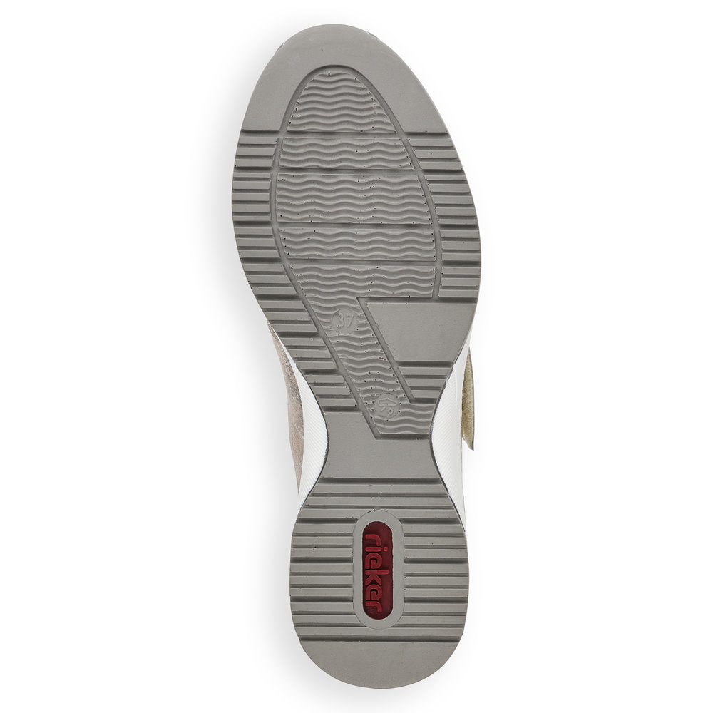 Rieker N4354-80 - Ladies Velcro Wedge Shoe in Beige Metallic. Rieker Shoes | Wisemans | Bantry | West Cork | Ireland